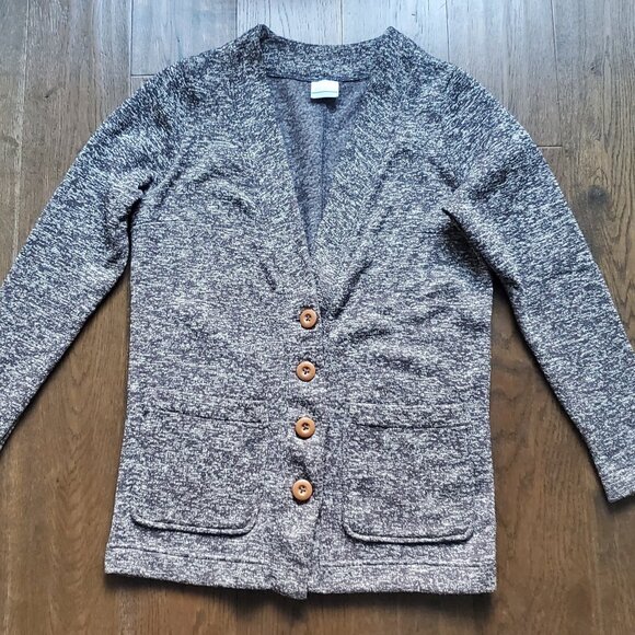 COLUMBIA Women's Fleece Cardigan Heathered Grey V Neck Wood Buttons Pockets MED - Picture 1 of 7